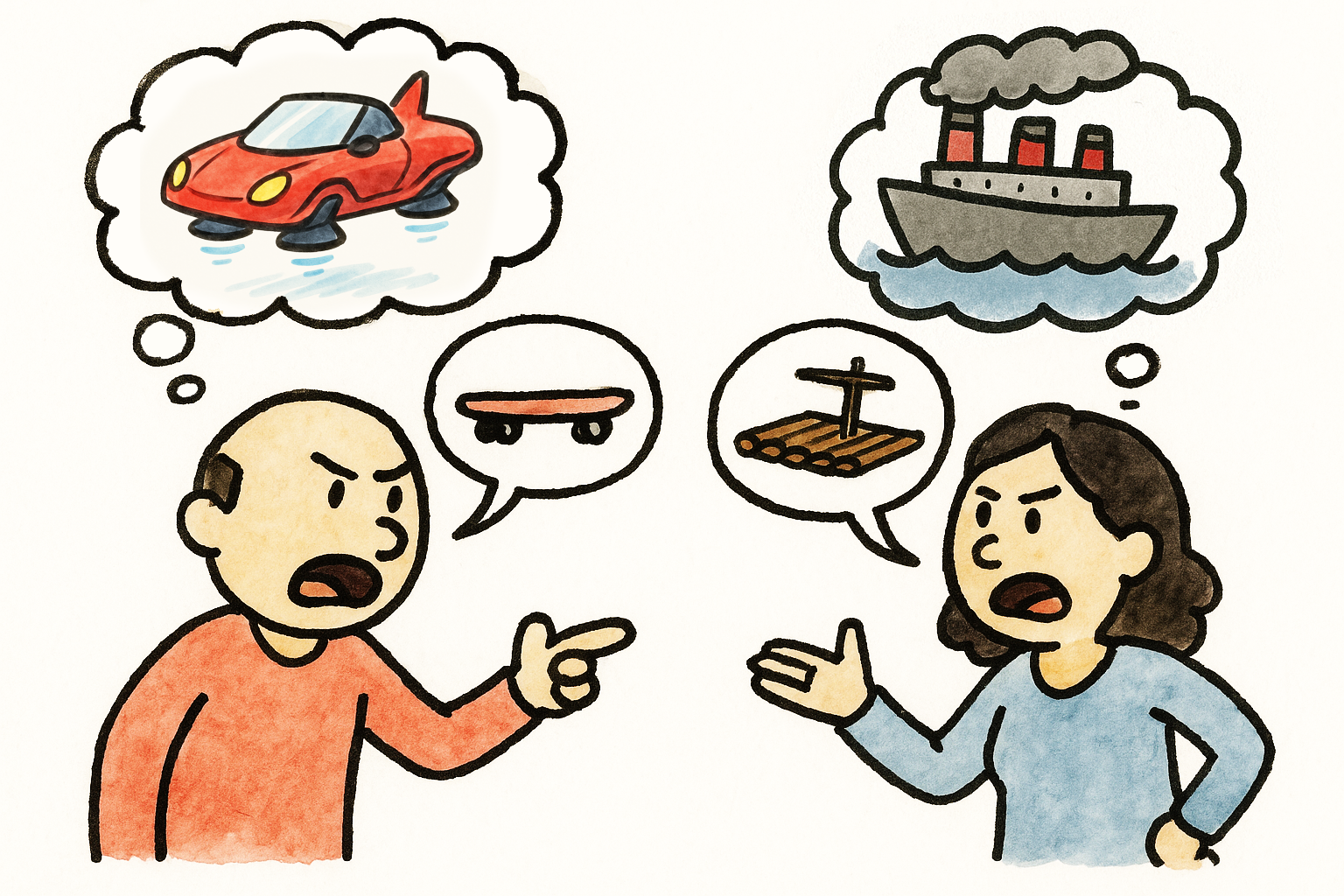Two people arguing. One has a speech bubble with a skateboard, the other a speech bubble with a wooden raft. The first also has a thought bubble with a car, the second a thought bubble with a ship.