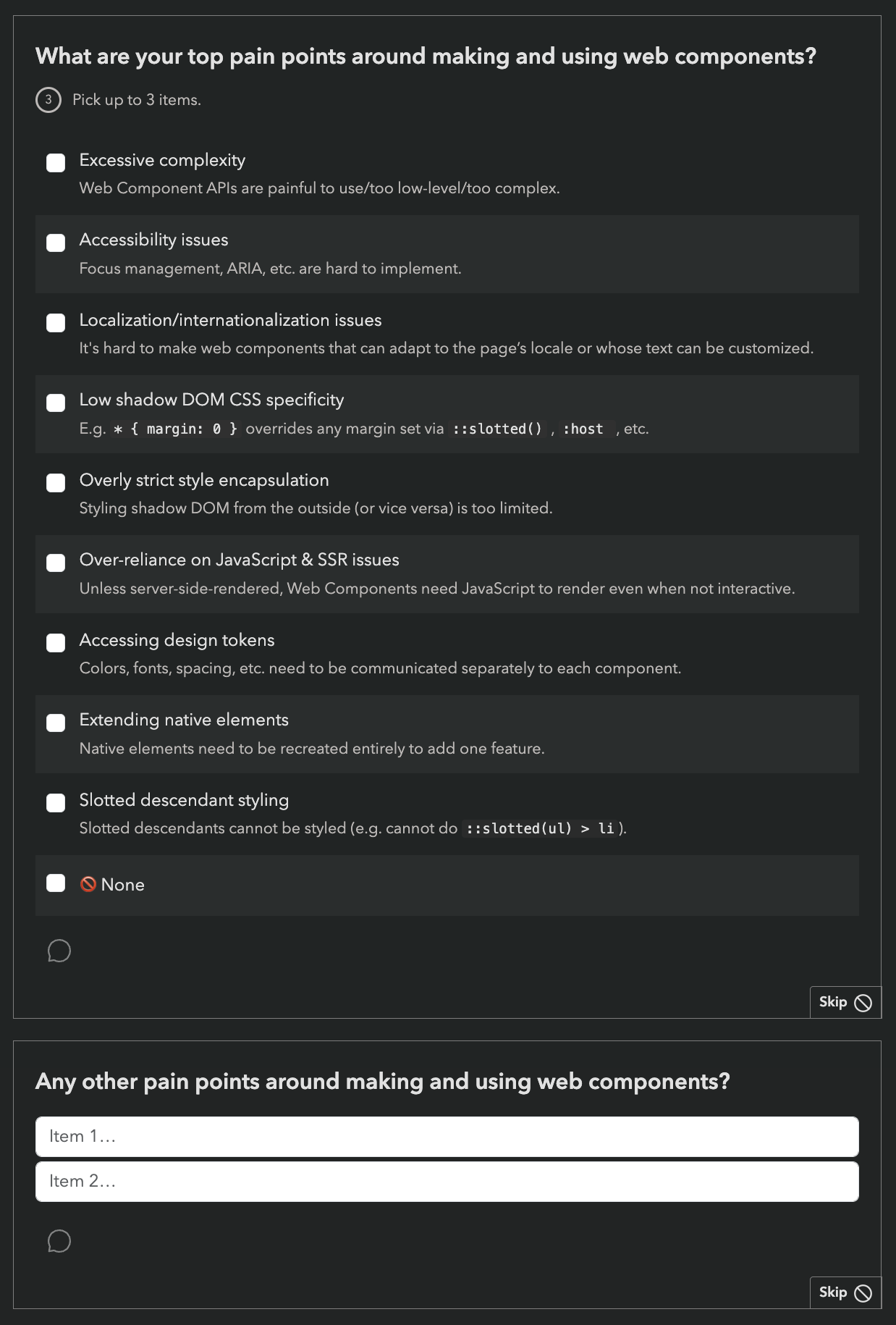 Screenshot showing the new pain points question format