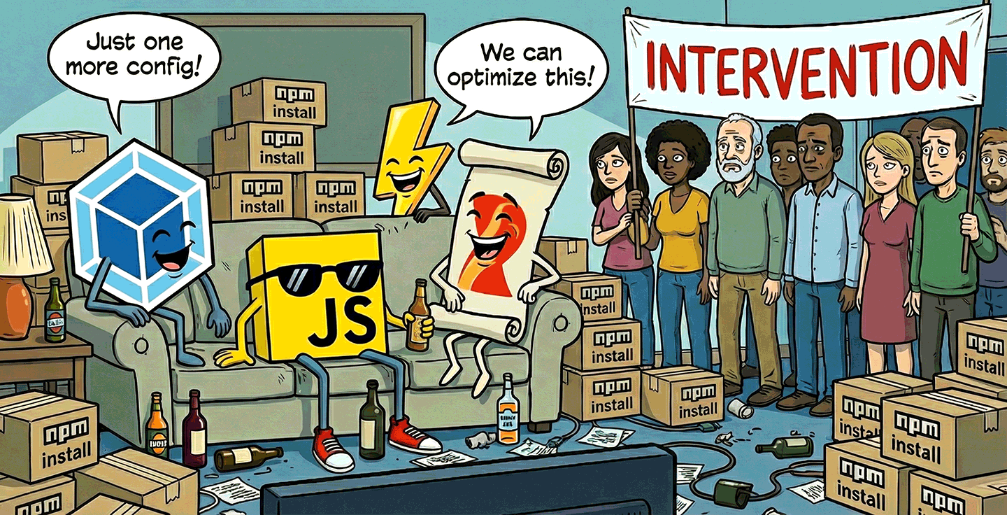 A cartoon where JS is shown hanging out drinking with bundlers. Webpack is saying “just one more config!” and Vite and Rollup are saying “We can optimize this!”. The event looks like it's winding down after hours of depravity. On the right side, a group of fed up developers are holding up an “Intervention” banner.
